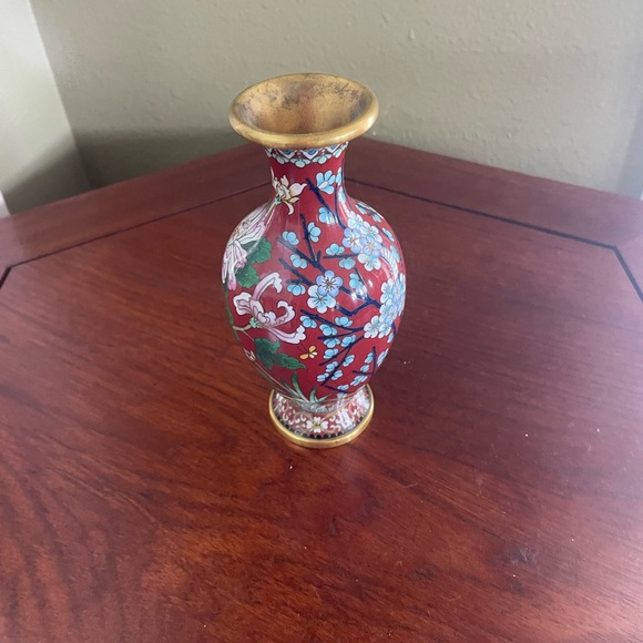 Other - Vintage Chinese Hand-Painted Red Floral Cloisonné Vase with Gold Accents